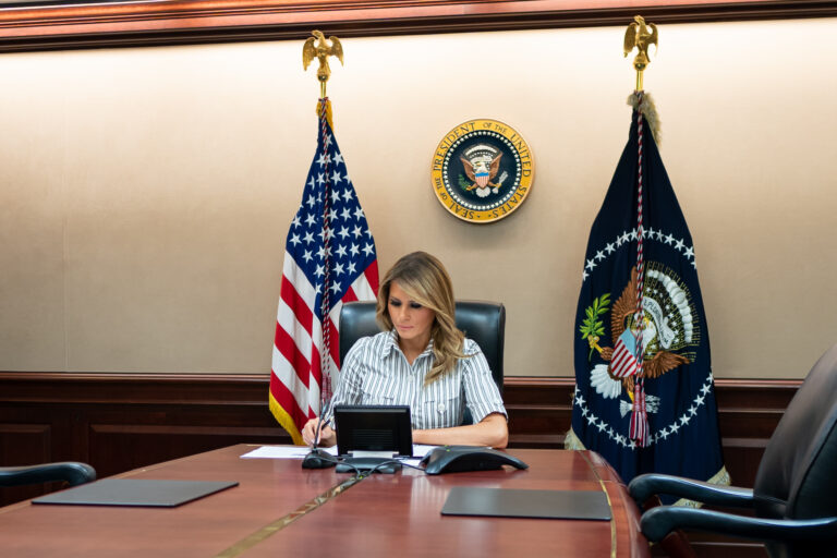 First Lady Melania Trump participates in a conference call with FEMA Administrator Peter Gaynor and FEMA’s Youth Preparedness Council members during their annual summit Tuesday, July 21, 2020, in the White House Situation Room. (Official White House Photo by Andrea Hanks)